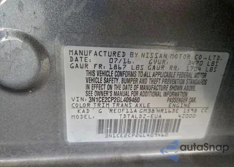 2016 Nissan Versa Note S z USA, uszkodzony, nr VIN 3N1CE2CP2GL409460